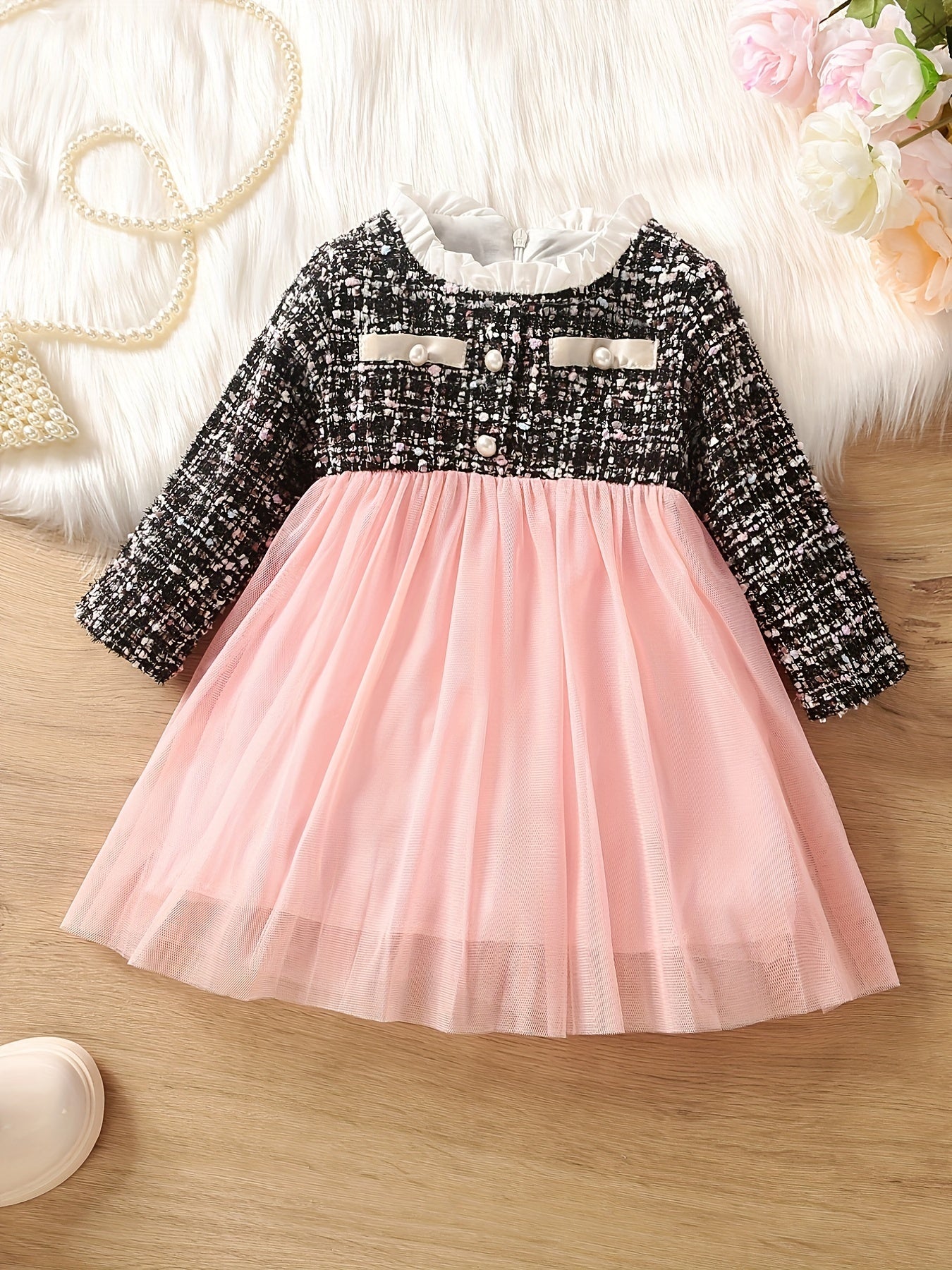 Baby Girls Lace Collar Mesh Dress Lady Plaid Tutu Dress