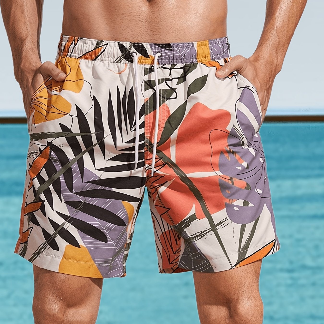 Leaf Pattern Print Men's Swim Trunks Quick Dry Beach Shorts Swimwear