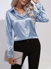 Solid Smoothly Shirt Button Front Turn Down Collar Long Sleeve Shirt