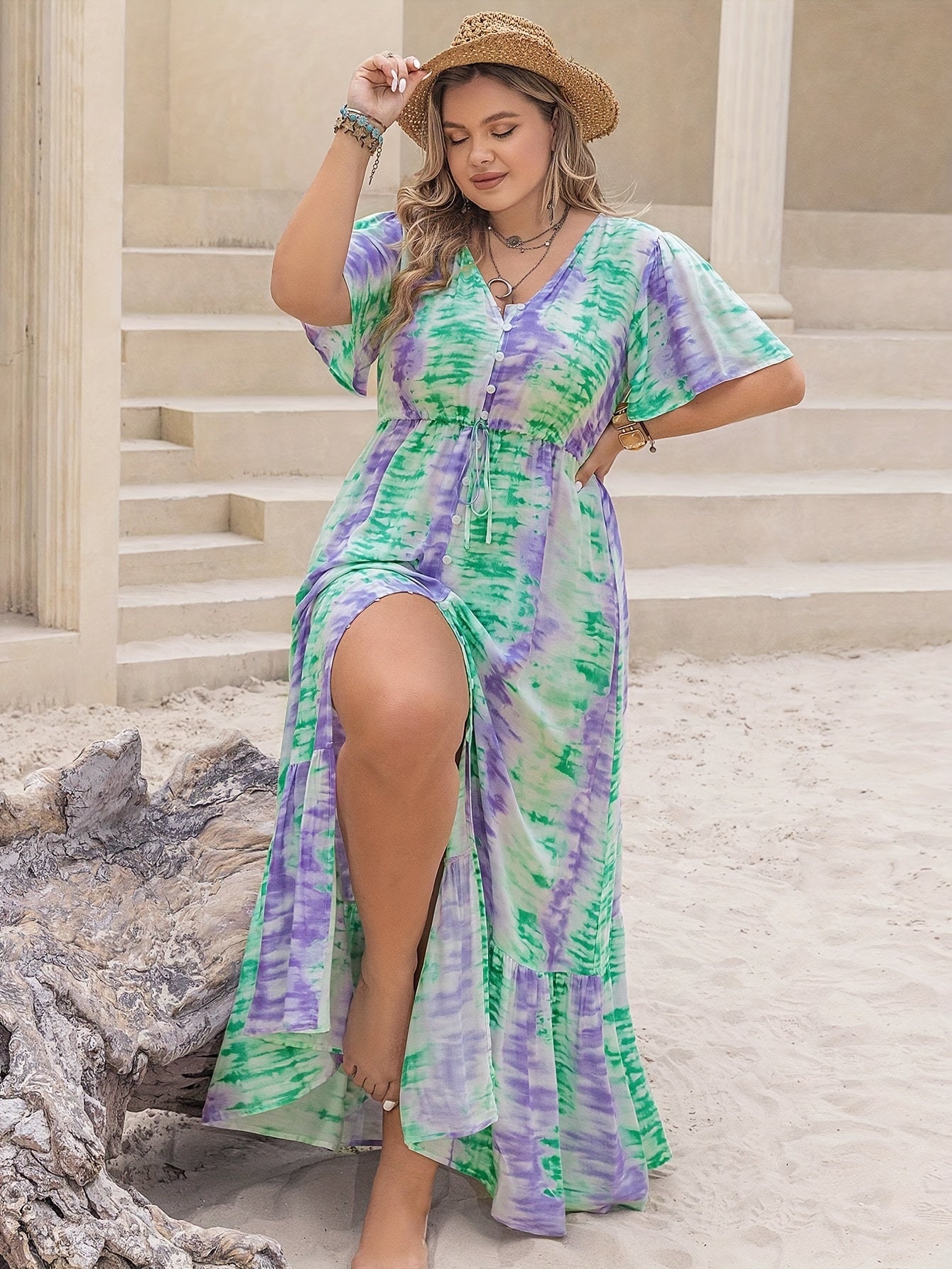 Tie Dye V Neck Maxi Dress