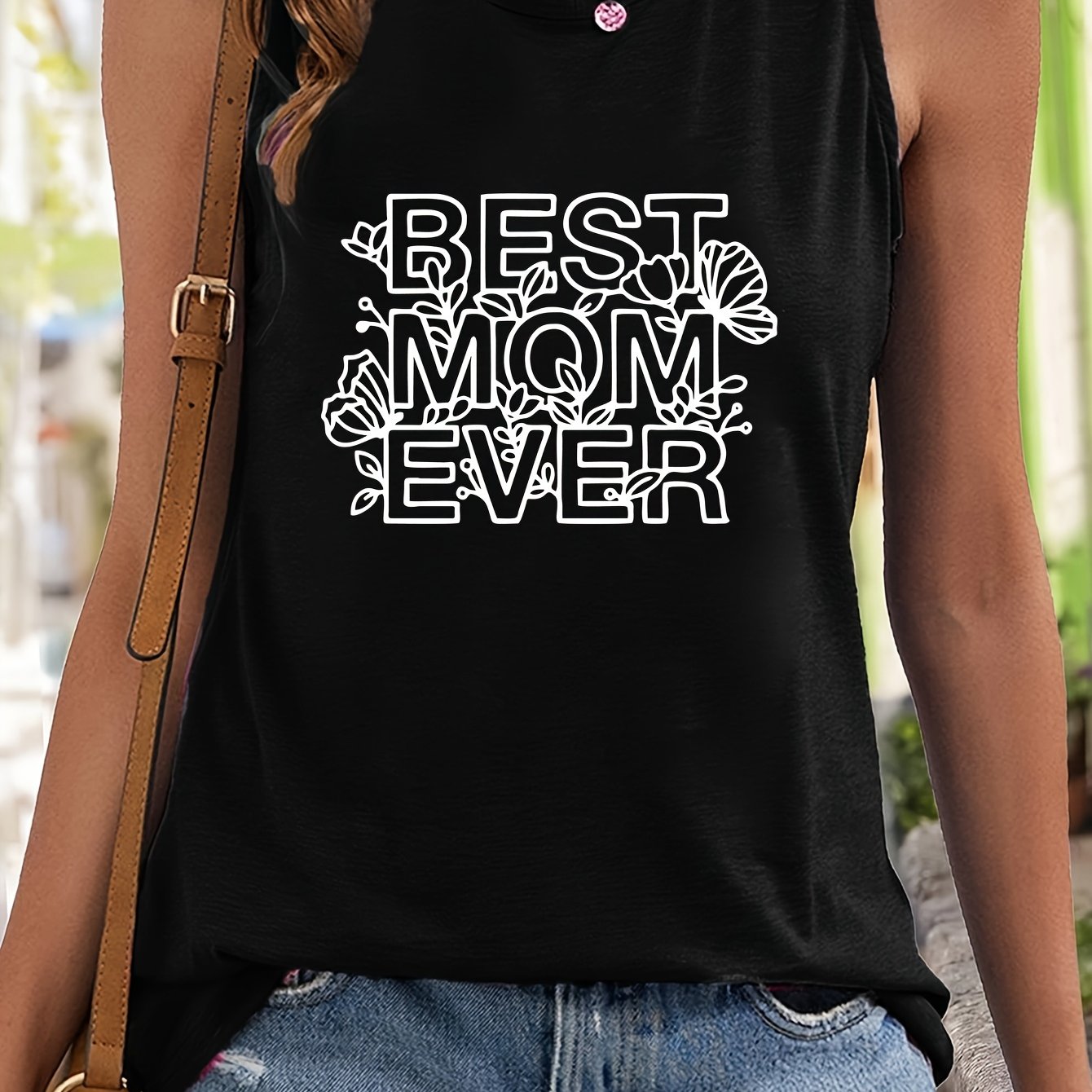 Letter & Flower Print Crew Neck Tank Top