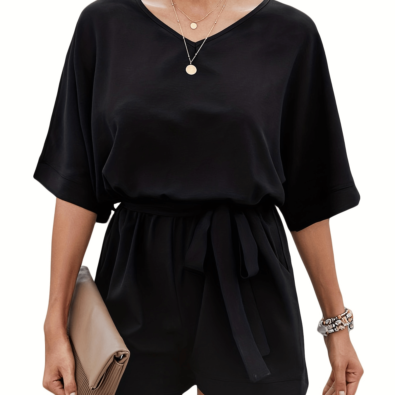 Casual Short Sleeve Romper Jumpsuit with Tie Waist