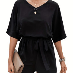 Casual Short Sleeve Romper Jumpsuit with Tie Waist