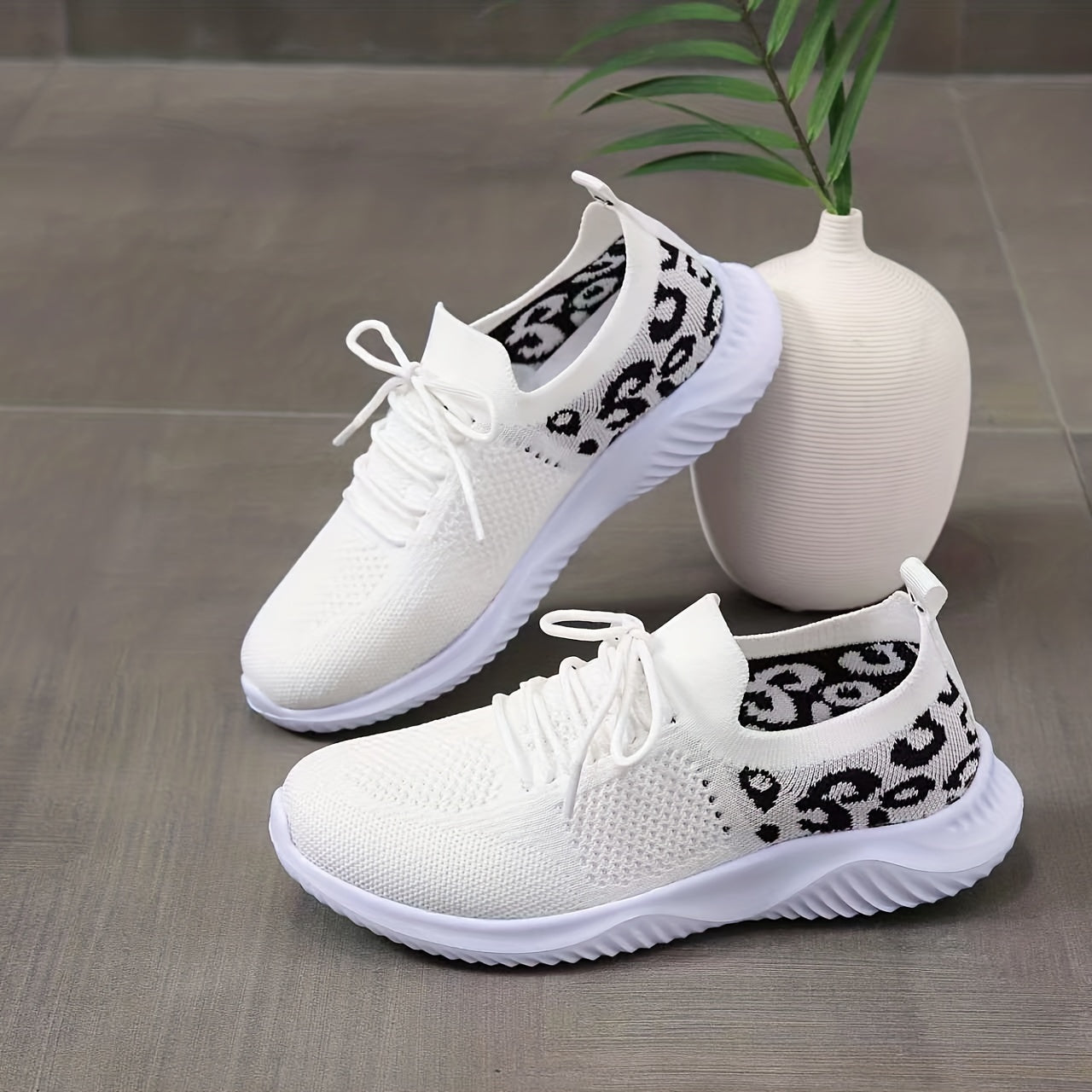Leopard Print Casual Sneakers Low Lace Up Flatform Shoes
