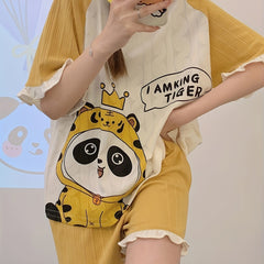 Cartoon Animal Print Pajama Set Short Sleeve Crew Neck Top & Ruffle Shorts