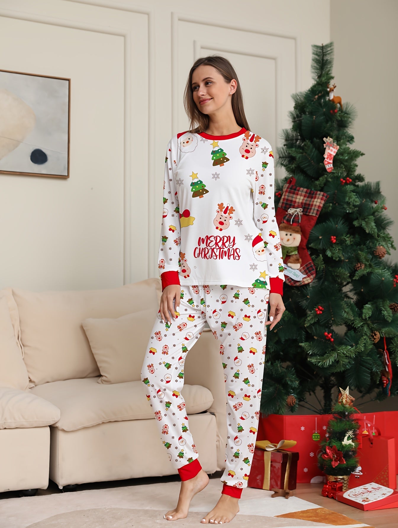 Christmas Pattern Pajama Set Long Sleeve Top & Pants Women's Sleepwear