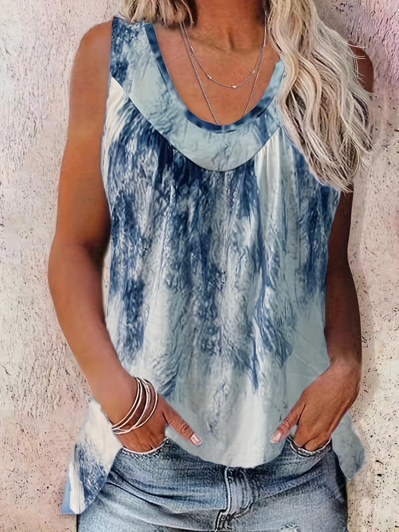 Tie Dye Round Neck Stretch Tank Top