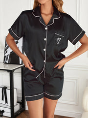 Heart Embroidered Pajama Set Satin Button Down Top & Shorts for Women