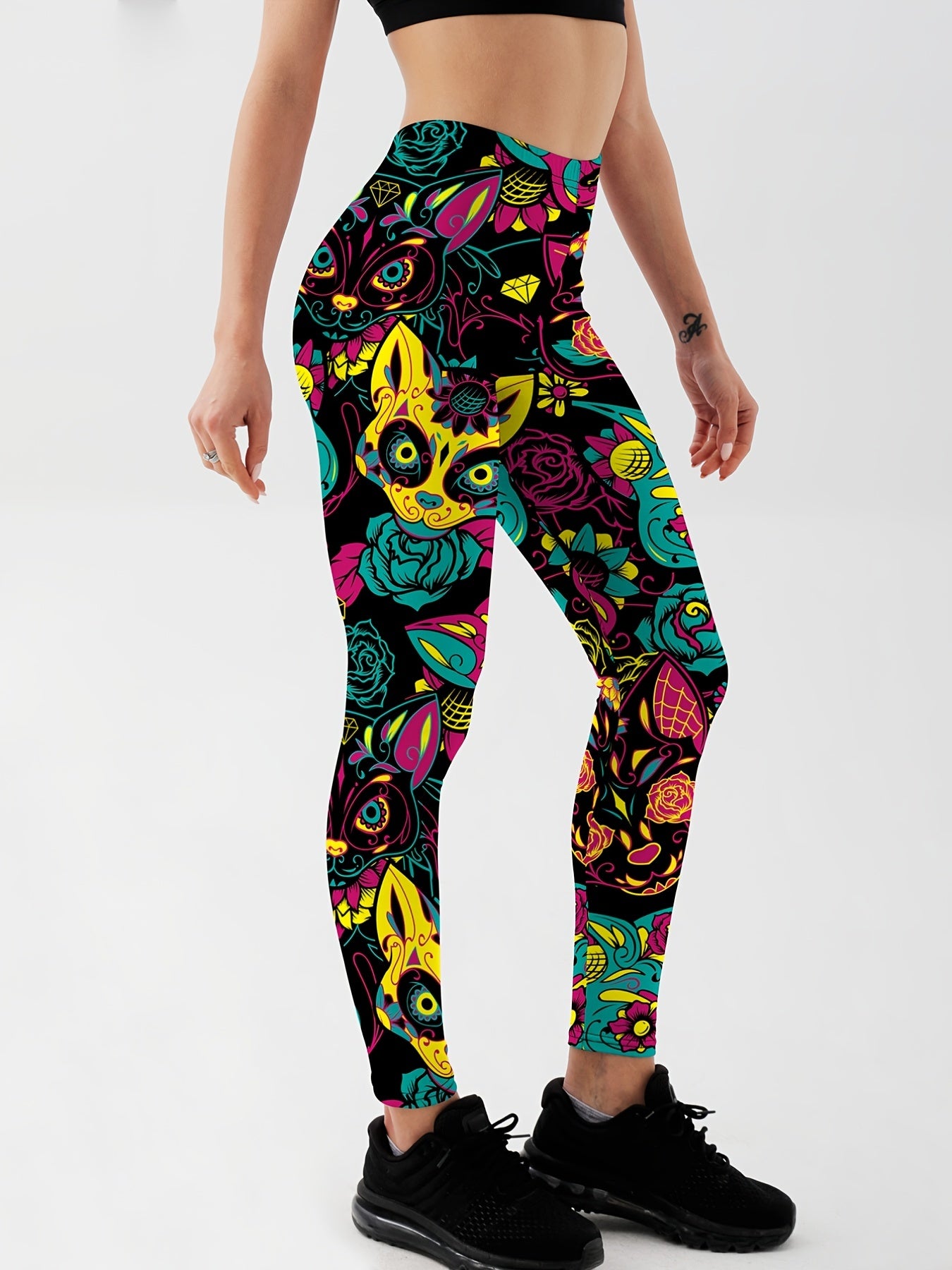 Cat Cartoon Flower Yoga Leggings High Stretch Gym Tight Pants