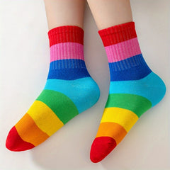 Girl's Rainbow Striped Knitted Crew Socks for Outdoor Wear