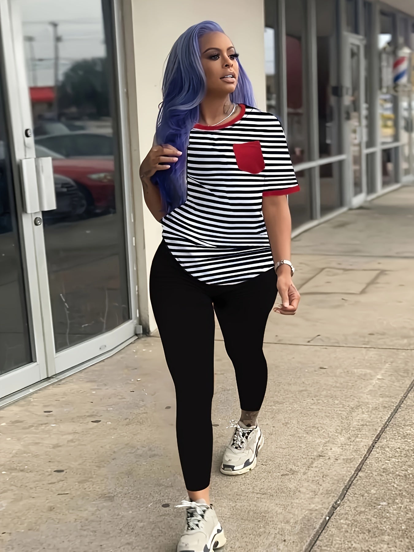 Striped Print Short Sleeve Tops & Solid Slim Pants Set