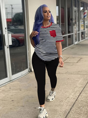 Striped Print Short Sleeve Tops & Solid Slim Pants Set