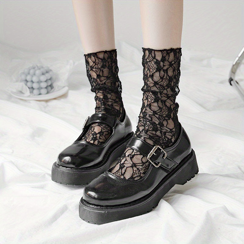 Floral Lace Mesh Calf Socks Lolita Hollow Out Knee High Socks Women's Stockings