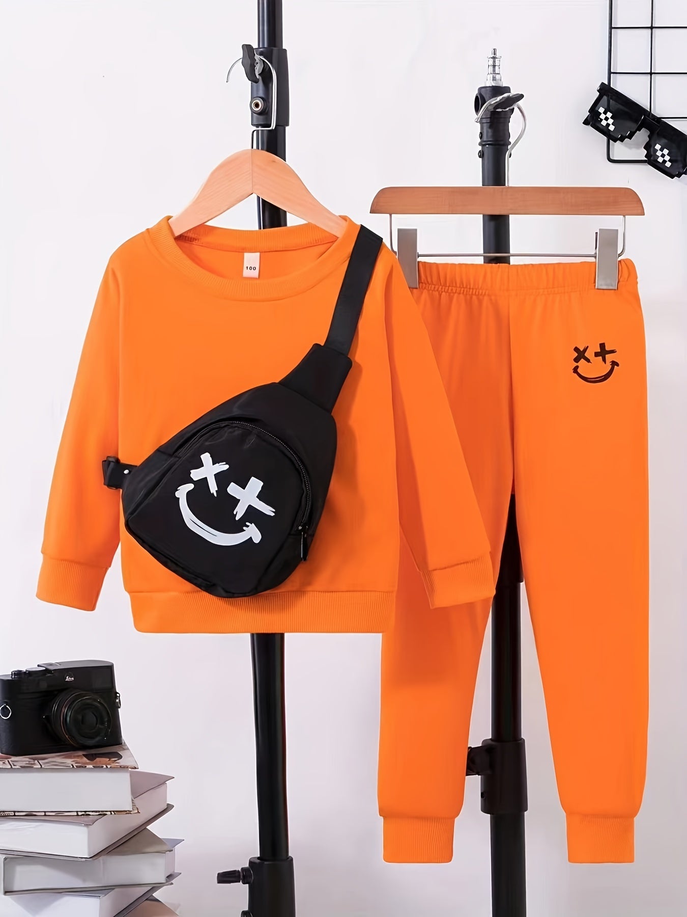 Boys 3pcs Sweatshirt & Pants & Bag Set Happy Face Print Top Casual Kids Clothes