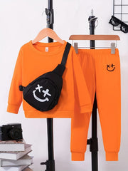 Boys 3pcs Sweatshirt & Pants & Bag Set Happy Face Print Top Casual Kids Clothes