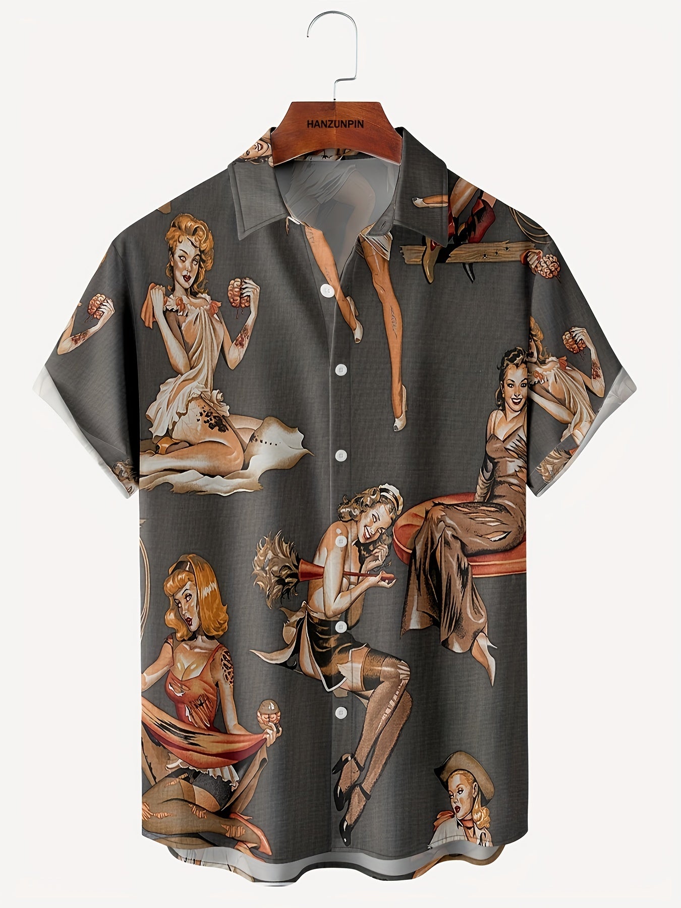 Retro Style Beauty Print Men s Casual Short Sleeve Hawaiian Shirt