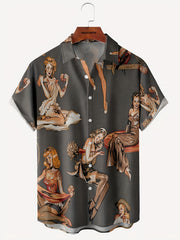 Retro Style Beauty Print Men s Casual Short Sleeve Hawaiian Shirt