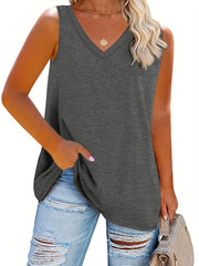 Basic Tank Top Women's Plus Solid Stretch V Neck Sleeveless Tank