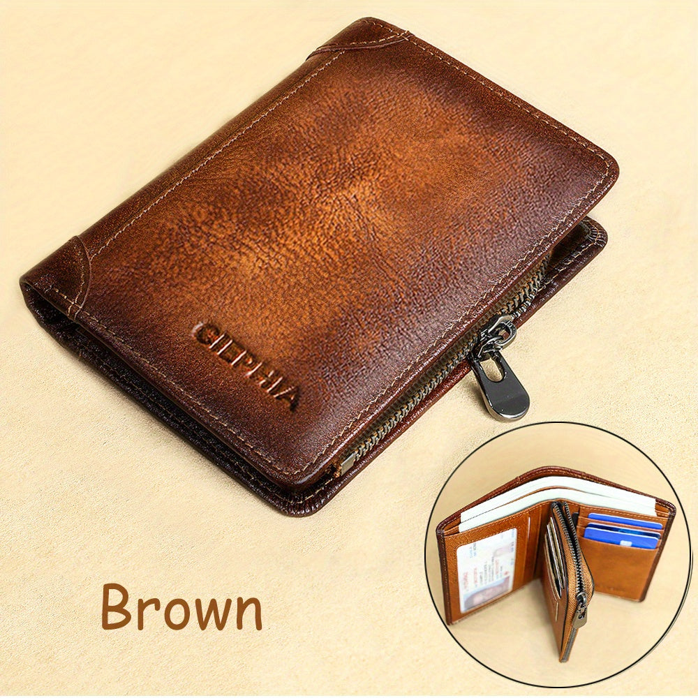 RFID Blocking Short Leather Wallet with Zipper