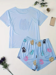 Plus Size Cat Print Pajamas Set Women's Short Sleeve Shirt & Shorts