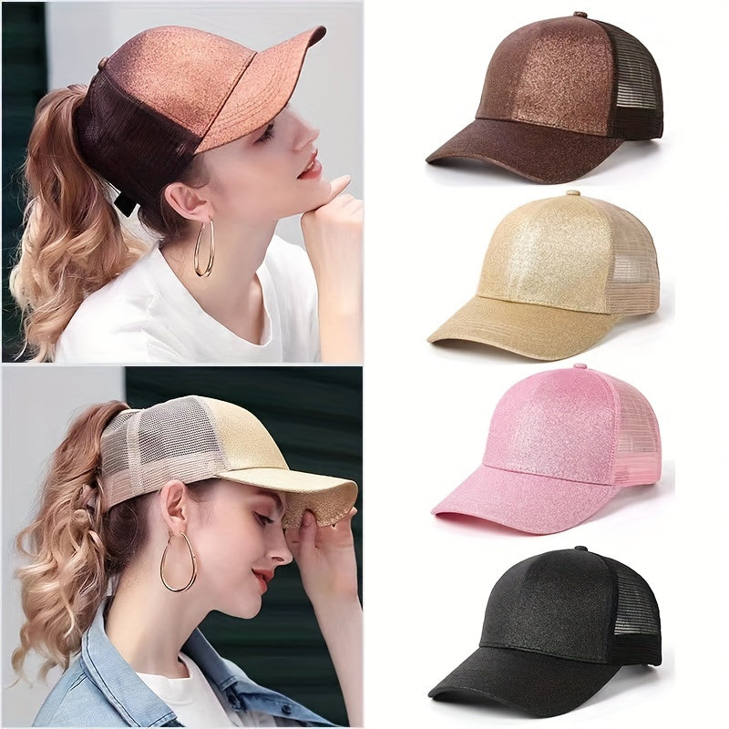 Glitter Ponytail Trucker Hat Solid Fluorescent Baseball Cap Mesh Sunshade