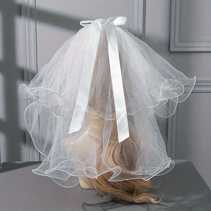 Short Satin Bow Knot Bridal Veil with Comb