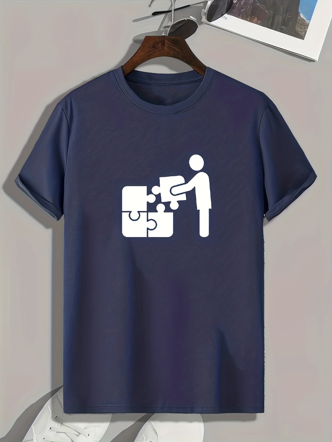 Puzzle Pattern Print Men's Comfy Sports T shirt Graphic Tee