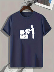 Puzzle Pattern Print Men's Comfy Sports T shirt Graphic Tee