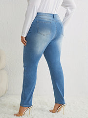 Solid Button Up Slim Fit Elastic Comfort Jeans
