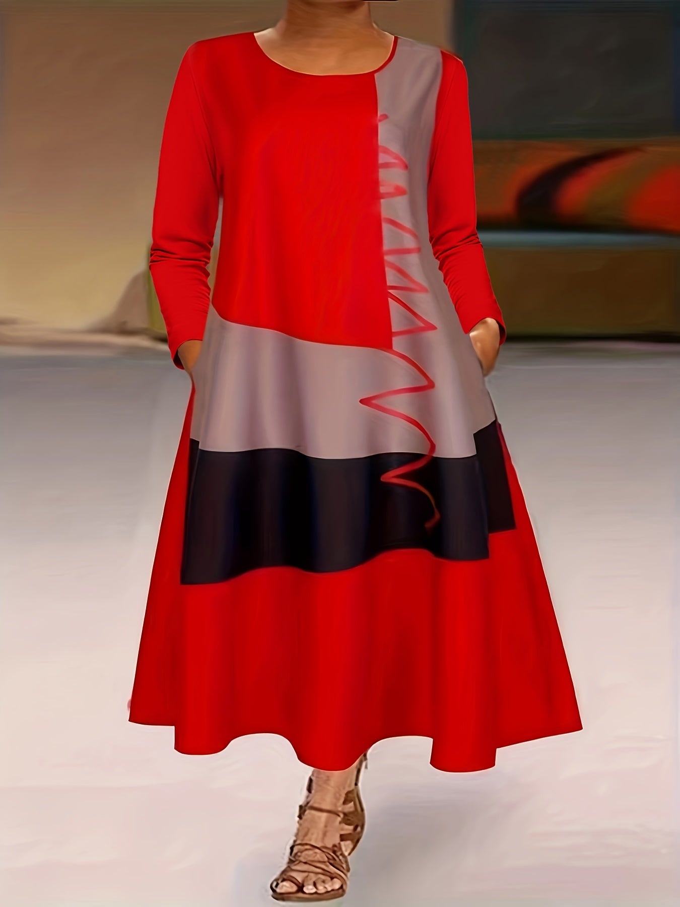 Colorblock Stripe Print Round Neck Dress With Pockets