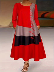 Colorblock Stripe Print Round Neck Dress With Pockets