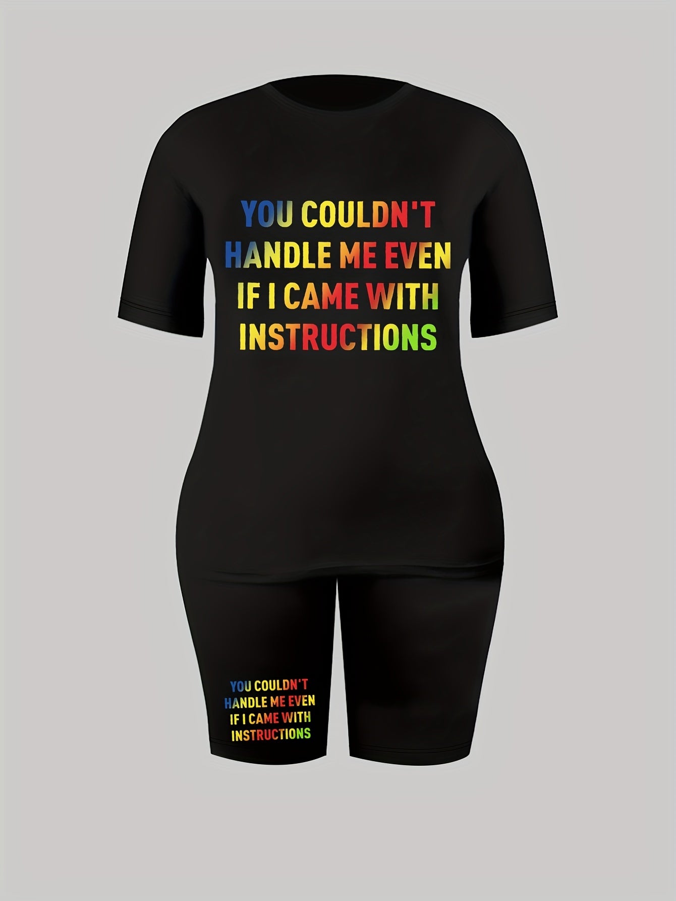 Letter Print T Shirt & Shorts Set Women's High Stretch 2pcs Outfits