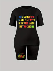 Letter Print T Shirt & Shorts Set Women's High Stretch 2pcs Outfits