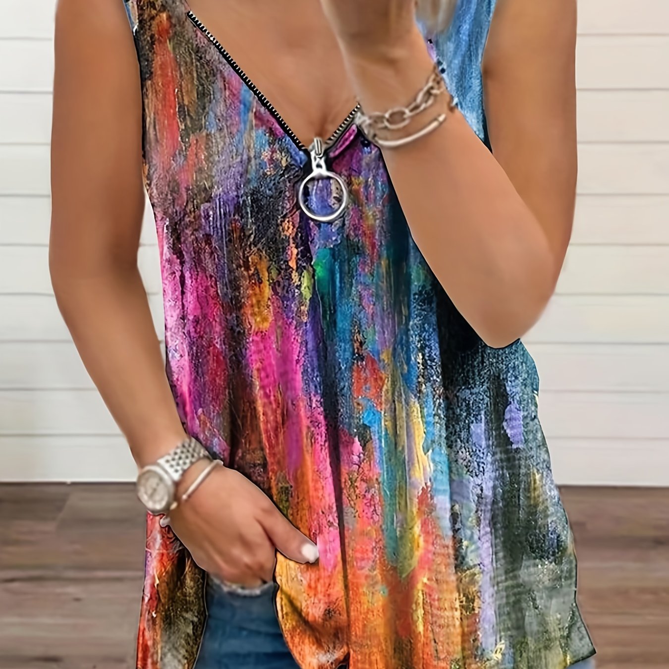 Vintage Tie Dye Sleeveless Top V Neck Zipper Summer Women's Clothing