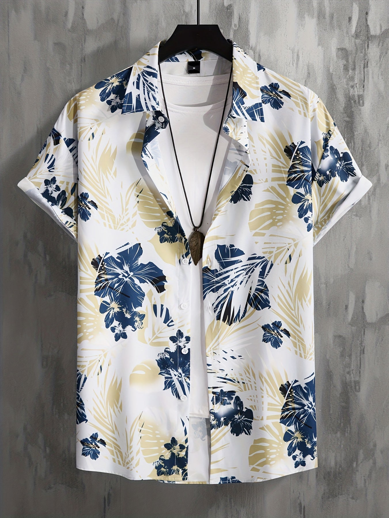 Men's Floral & Leaf Print Camp Collar Hawaiian Shirt
