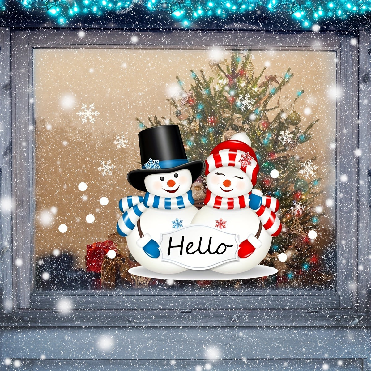 Christmas Two Snowmen Hello Wall Stickers Double Sided Visual Glass Stickers