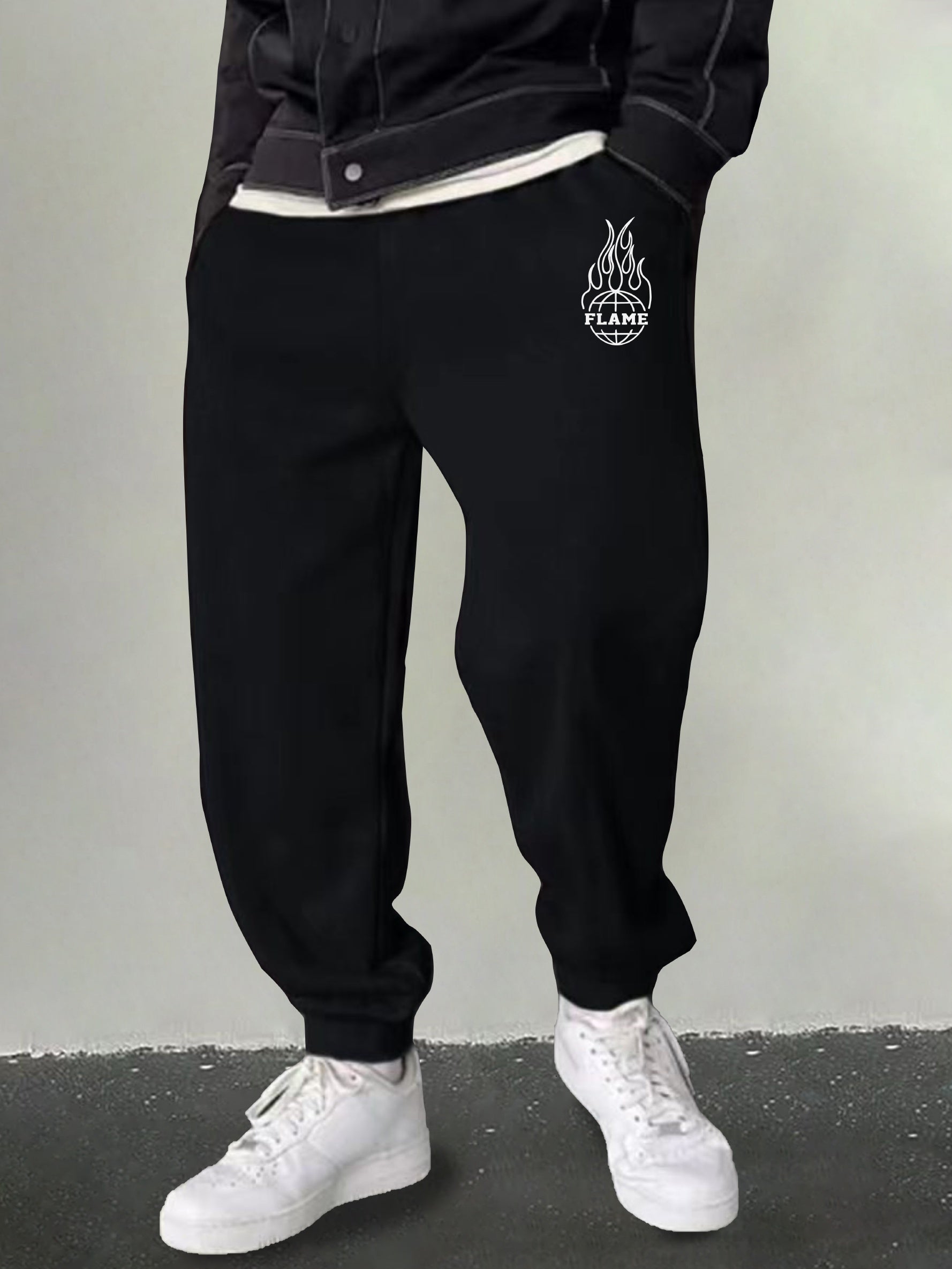Men's Flame Print Sweatpants Casual Drawstring Loose Pants