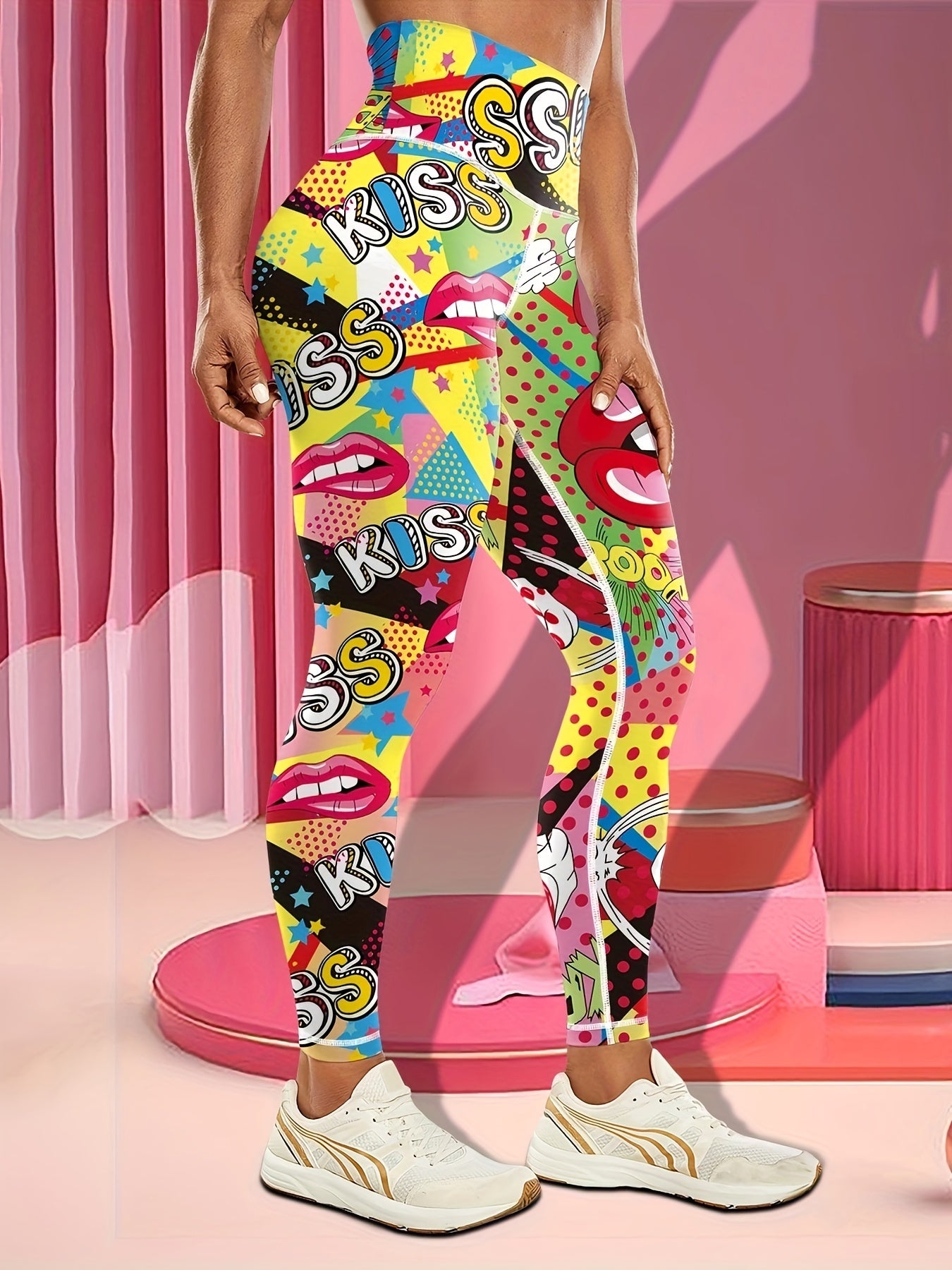 High Waist Yoga Pants with Butt Lifting, KISS Lips Print