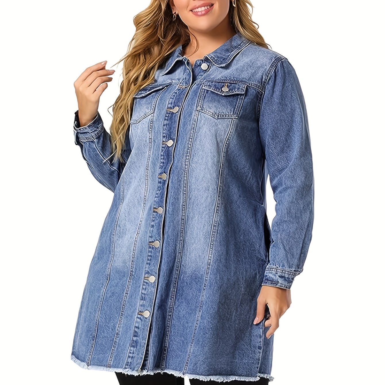 Casual Denim Top Women's Plus Washed Pipping Button Up Long Sleeve