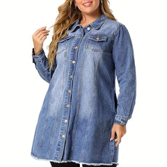 Casual Denim Top Women's Plus Washed Pipping Button Up Long Sleeve