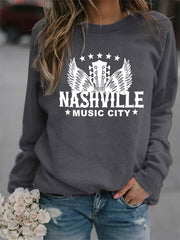 Nashville Music City Print Sweatshirt Long Sleeve Crew Neck