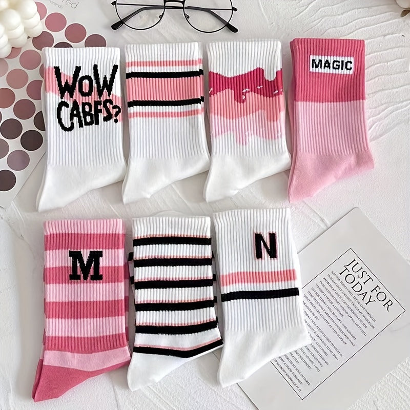 7 Pairs Letter Print Striped Socks Women's Stockings