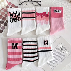 7 Pairs Letter Print Striped Socks Women's Stockings