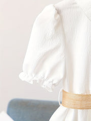 Toddler Girls Puff Sleeve Button Casual Belted Shirt Dress