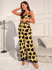 Heart Print Pajama Set Lace Trim V Neck Cami Top & Pants Sleepwear
