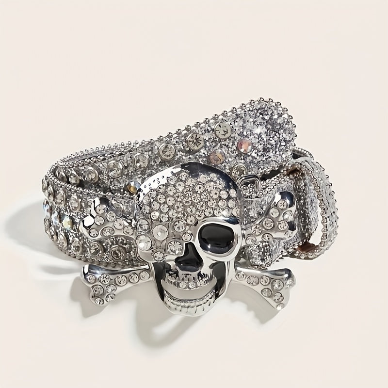 Skull Rivet Rhinestone Buckle for Men'S Belts Faux Leather Non Textile Weave
