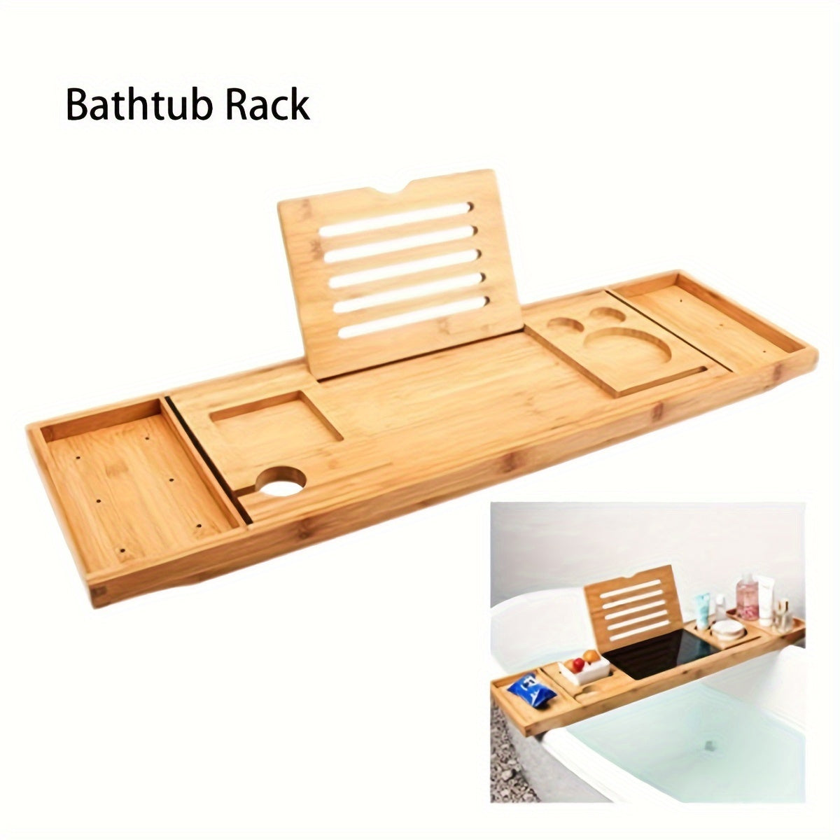 Adjustable Bamboo Bathtub Caddy Tray with Wine Glass Holder and iPad Stand