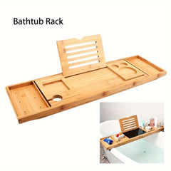 Adjustable Bamboo Bathtub Caddy Tray with Wine Glass Holder and iPad Stand