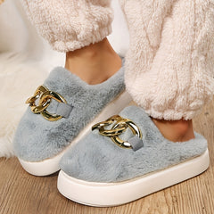 Women's Chain Platform Slippers Plush Lined Shoes