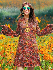 Hippie Halloween Cosplay Dress Long Sleeve Random Print Party Dress